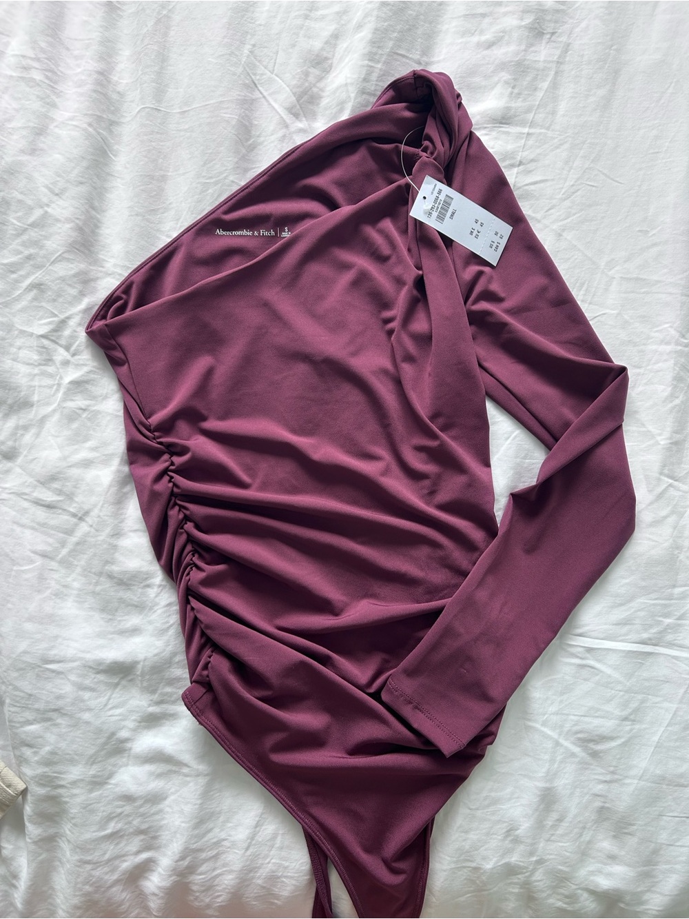 Abercrombie & Fitch One-Shoulder Ruched Long Sleeve Bodysuit — Plum
